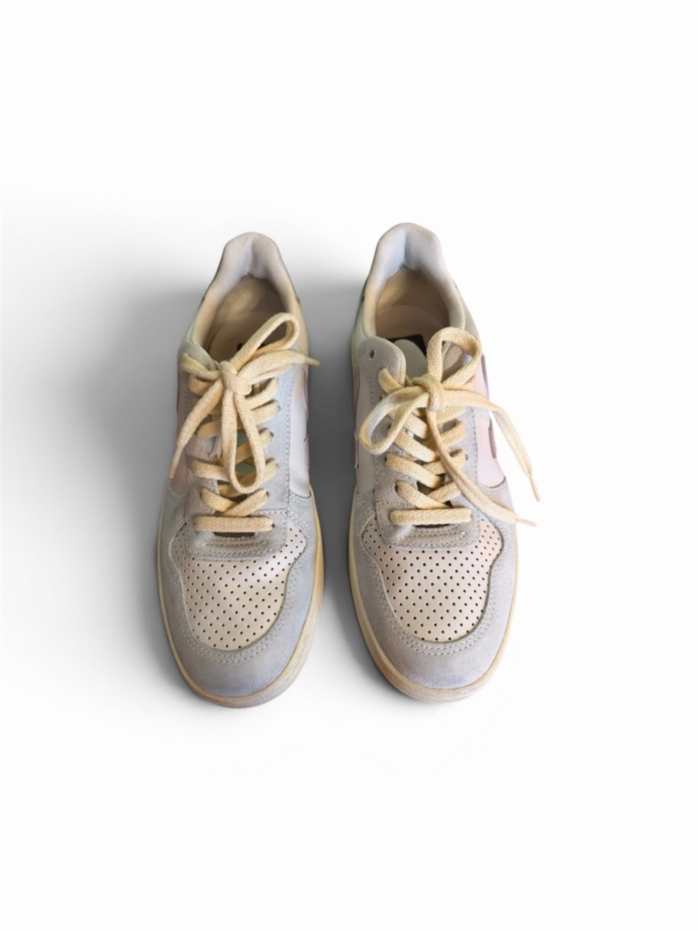 Veja Women's Light Beige and Cream Lace-Up Sneakers with Subtle Blue Trim